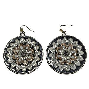 Bohemian Floral Design Round Dangle Earrings Silver Tone Fashion Jewelry Women
